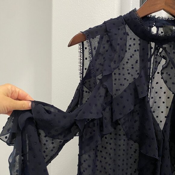 Nicholas Ruffle Trim Cold Shoulder Blouse Sheer Swiss Dot Top Navy Blue Size 6 • - Picture 4 of 7